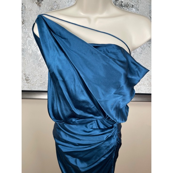 THE SEI Strapped Off Shoulder Silk Ruched Draped Asymmetric Blue Maxi Dress Sz 2 - Picture 4 of 9